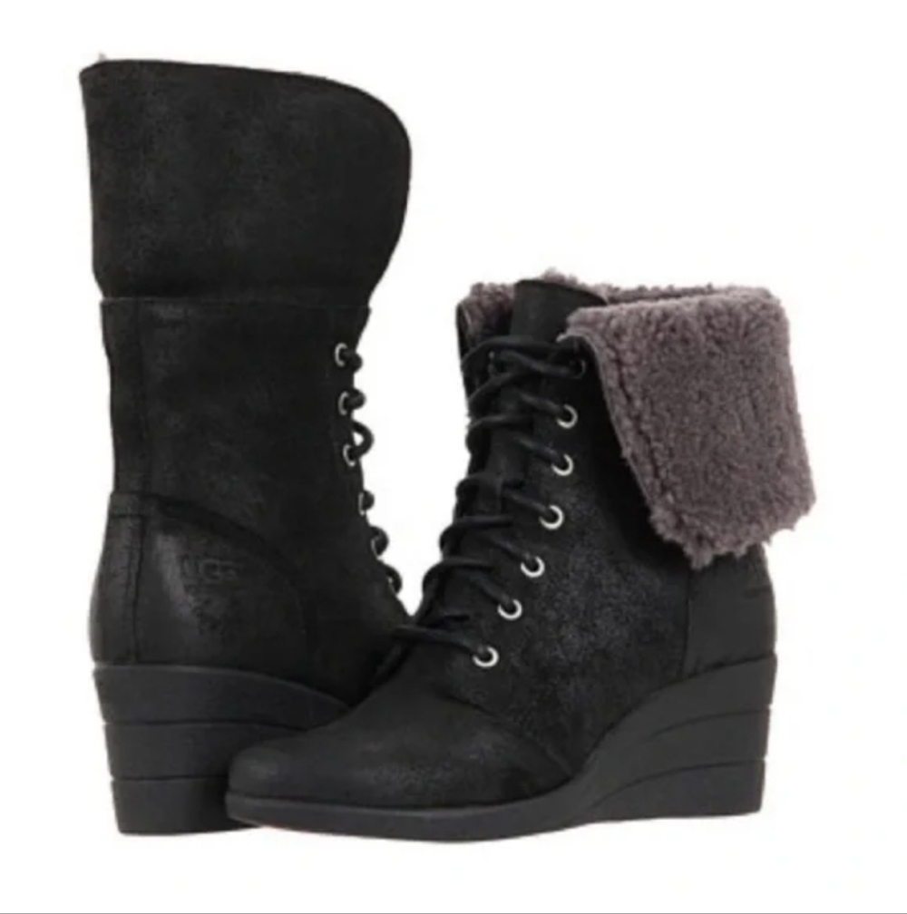 Ugg Zea Shearling Wedge Lace Up Waterproof Boots Size 6